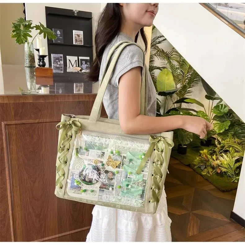 New Y2K Ribbon Bow Japanese Ita Shoulder Bag Cute Girl Transparent Pocket Large Capacity Crossbody Tote Bag DIY Display Handbags
