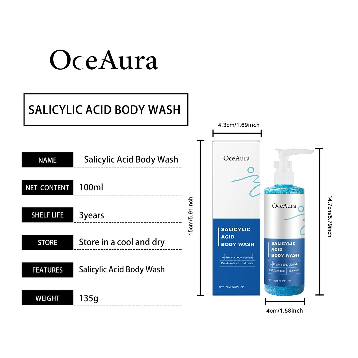OceAura Shower Gel Deep Cleaning Back Acne Treatment Smooth Skin Elasticity Increased Salicylic Acid Exfoliating Body Wash 100ml