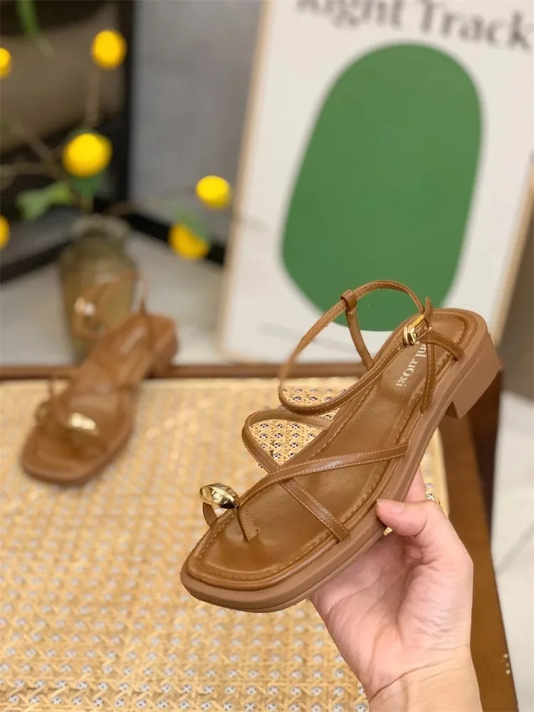 Sandals Women 2024 Summer New Fashion Square Toe Roman Shoes Simple Fairy Strap Women Shoes Flat Casual Shoe Sandalias De Mujer