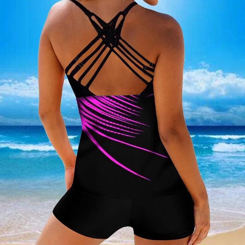 Leaf Printed Swimsuit Women Sexy Strap Cross Backless Plus Size Tankini Set Female Summer Beach 2 Pieces Swimwear Bathing Suit