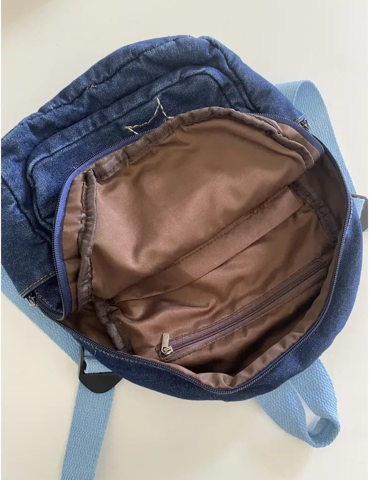 Fashion Small Denim Backpack Kawaii Cat School Bag Mini Cute Schoolbag Deep Blue Backpacks Aesthetic Japanese Preppy Book Bags