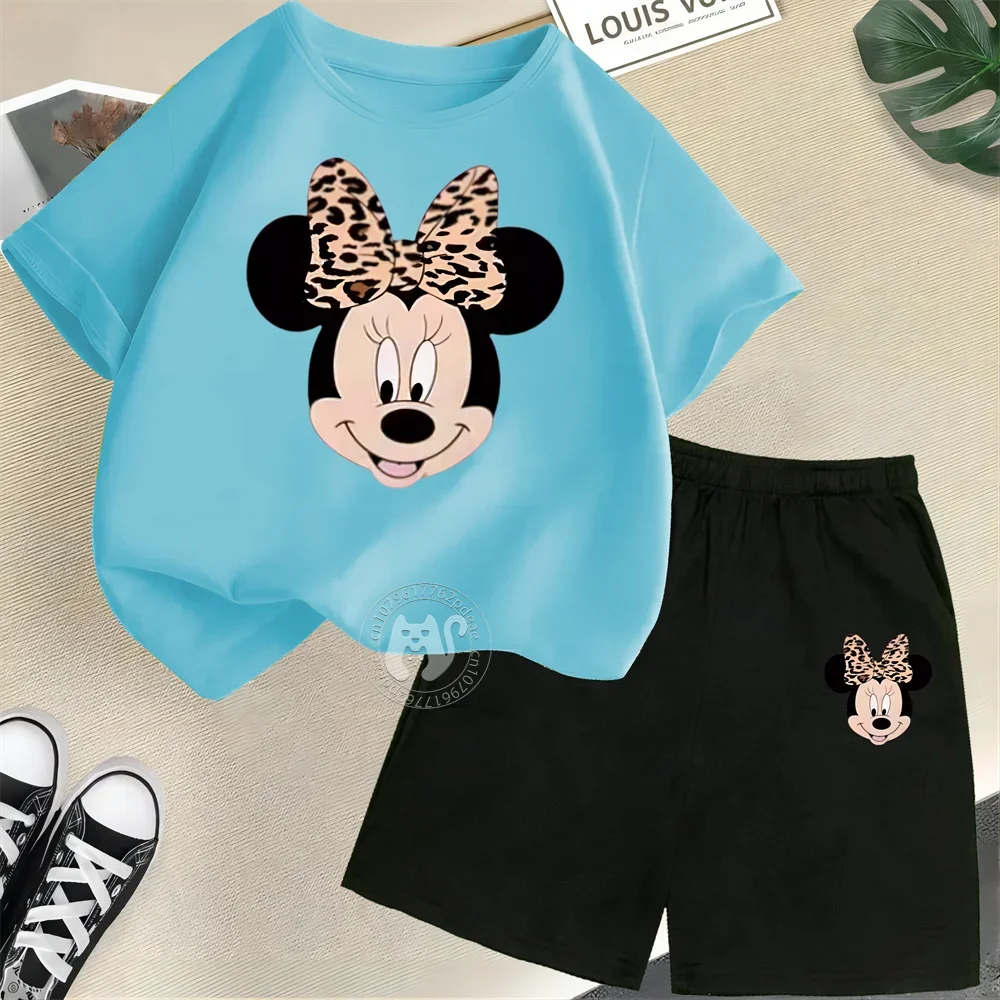 Summer Cartoon Boys & Girls 100% Cotton T-shirt + Shorts Kids Disney Open Minnie Print Fashion Street Boys & Girls Casual Suit