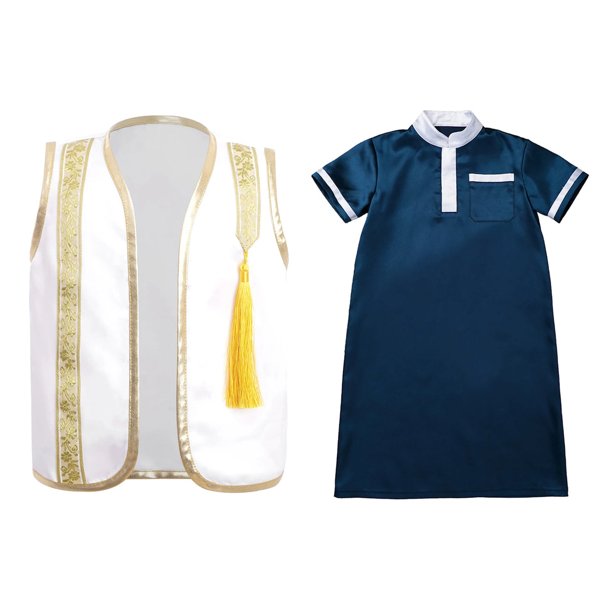 Muslim Baby Boys Robe Ramadan Eid Abaya Set Metallic Trim Arabic Islamic Kaftan Thobe Satin Gown with Open Front Tassel Vest