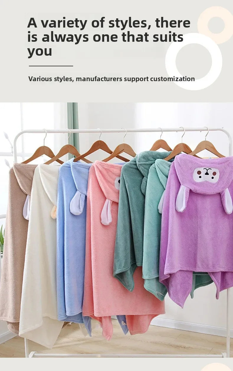 Children Hooded Bath Towel Coral Fleece Super Absorbent Quick Dry Soft Cartoon Cape Towel For Baby Bathroom