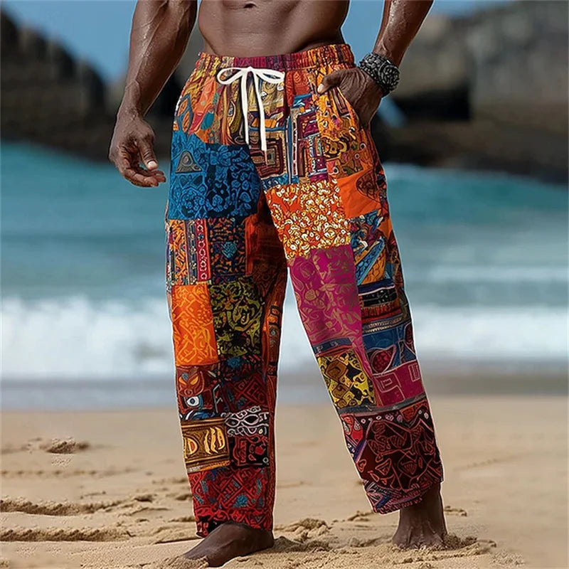 New men's loose fit casual pants with 3D printed geometric patterns, fashionable and comfortable wide leg pants