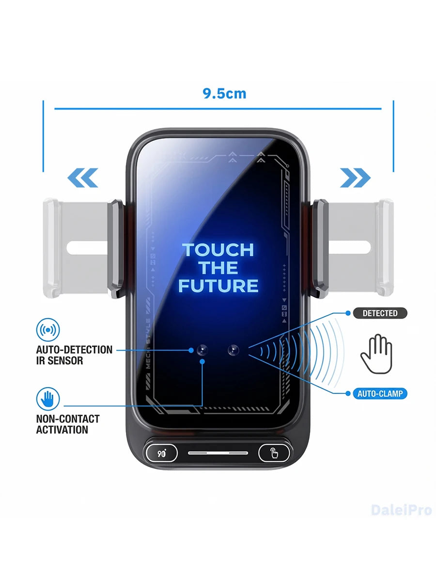 Smart Sensing Car Phone Holder 15W Qi Wireless Charging Motorized Rotation One-Touch Release & Clamping Rotatable Cable Port