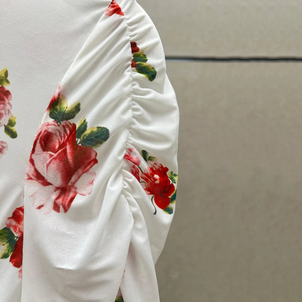 Handmade Floral Women's T Shirt Y2k Pleated Slim Temperament Elegant Round Neck Long Sleeve Blouse 2025 Early Spring New