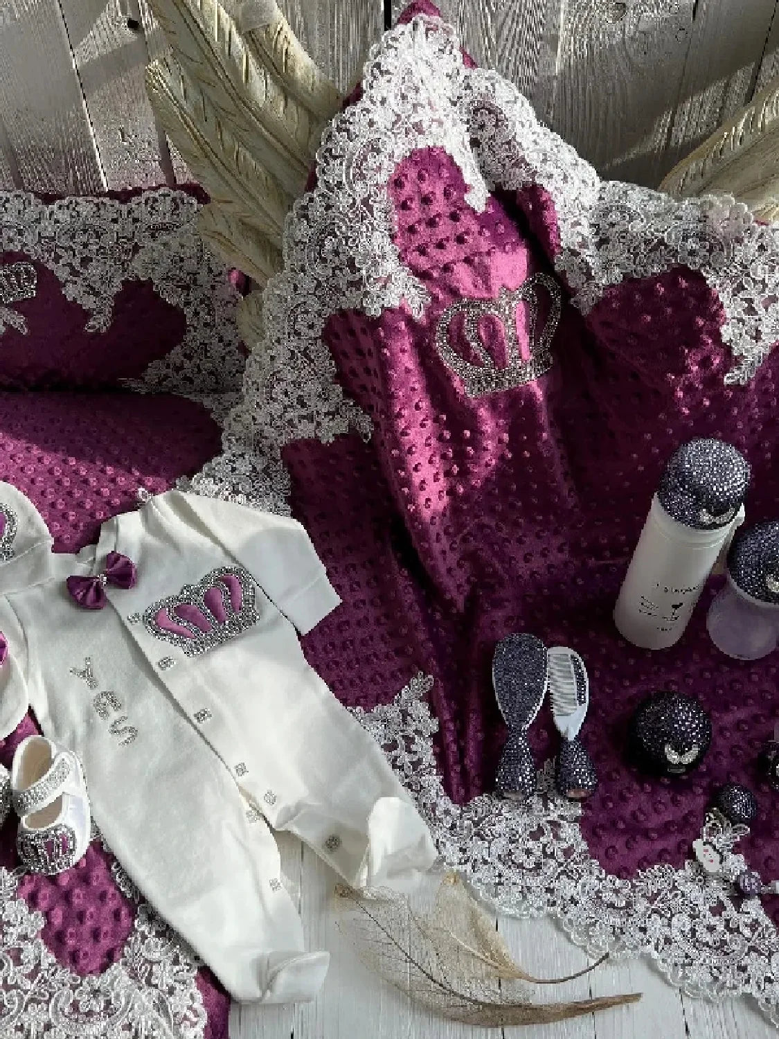 Dollbling Newborn 5pcs Layette Outfits Set Baby Tuxedo Outfit 0-3M Handmade Embroidery Wheat Jewels Crown Parajams Gift Set