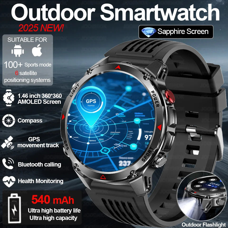 2025 New Outdoor Millitary Smart Watch Men GPS Positioning 540mAh Battery Waterproof Sports Fitness Tracker BT Call Smartwatch