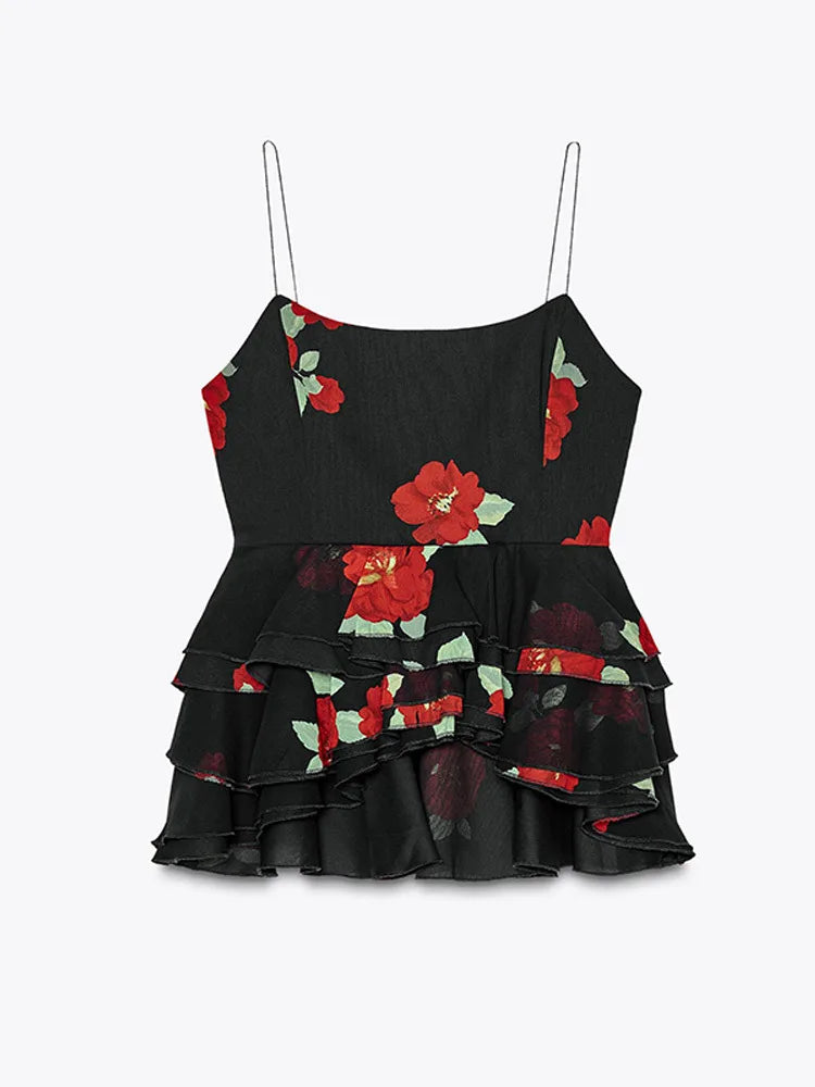 Summer 2-piece Suit Print Flower Mesh Slit Hip-covering Skirt Halter Top Suit Women's Fashion Causal Woman 2 Piece Set Outfit
