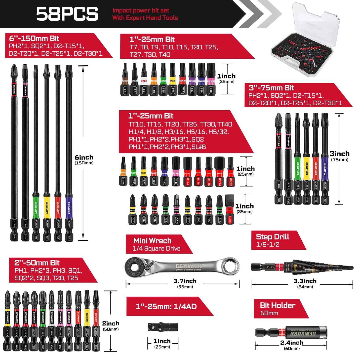 Geinxurn 58Pcs Tools Set Packaged with Impact Screwdriver Bits,Mini Wrech,Step Drill,Socket Adapter and Bit Holder for DIY