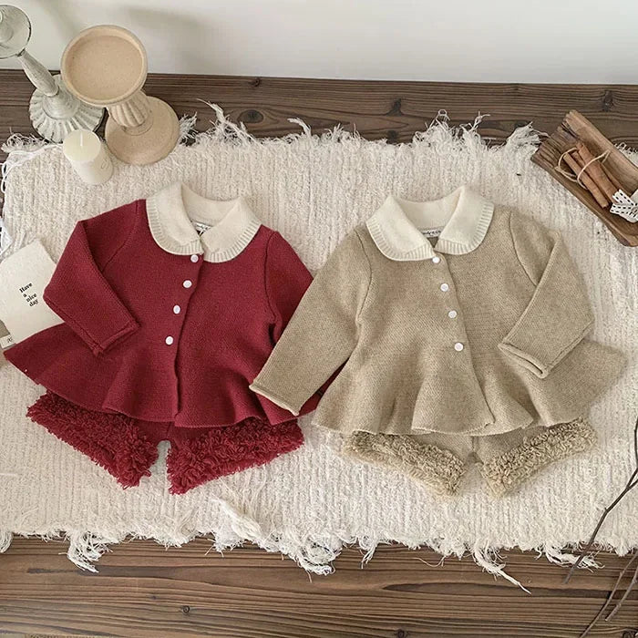 2024 New Autumn Winter Infant Baby Girls Clothing Set Long Sleeved Knitted Cardigan+Shorts Toddler Baby Knitted Clothes Suit