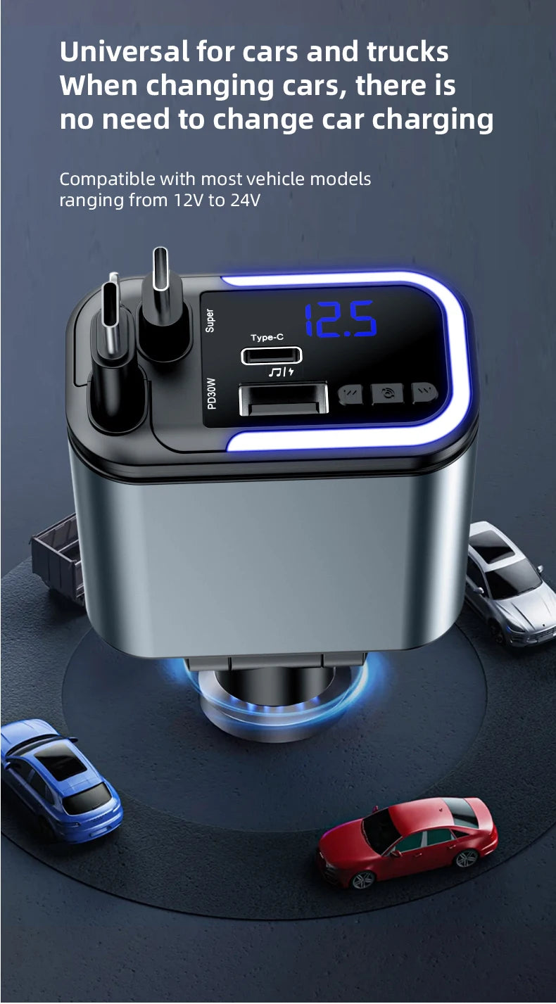 5 IN 1 180W Retractable Car Charger Bluetooth 5.0 FM Transmitter Fast Phone Charger Handsfree Call U-disk Aux with LED Light