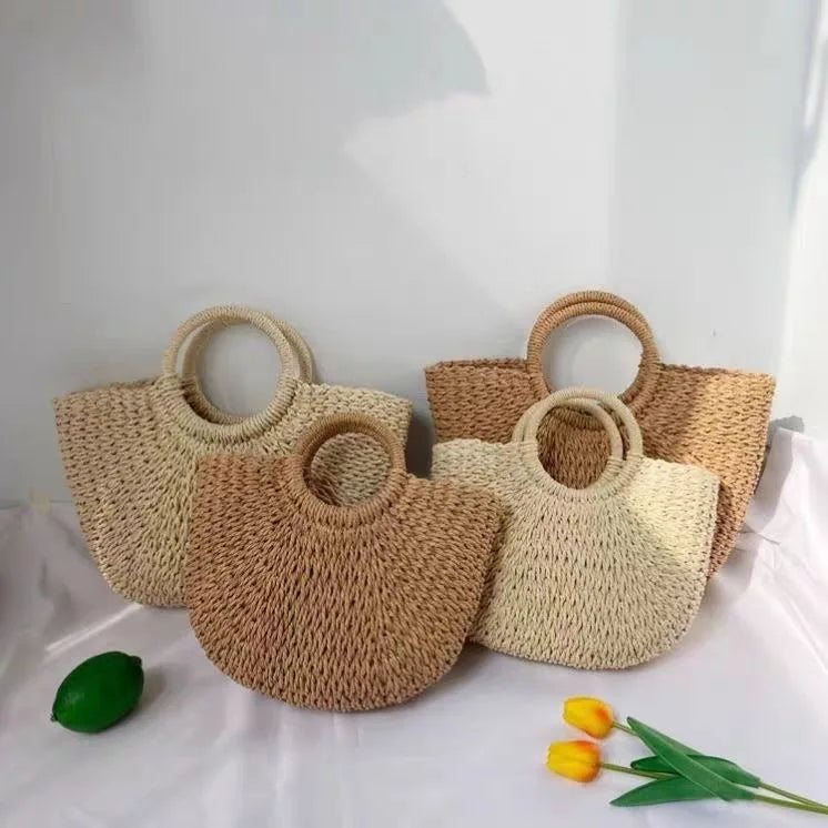 Hand Woven Straw Semicircle Tote Bag Large Capacity Handheld Crossbody 2-in-1 Beach Vacation Fashion Bag for Women