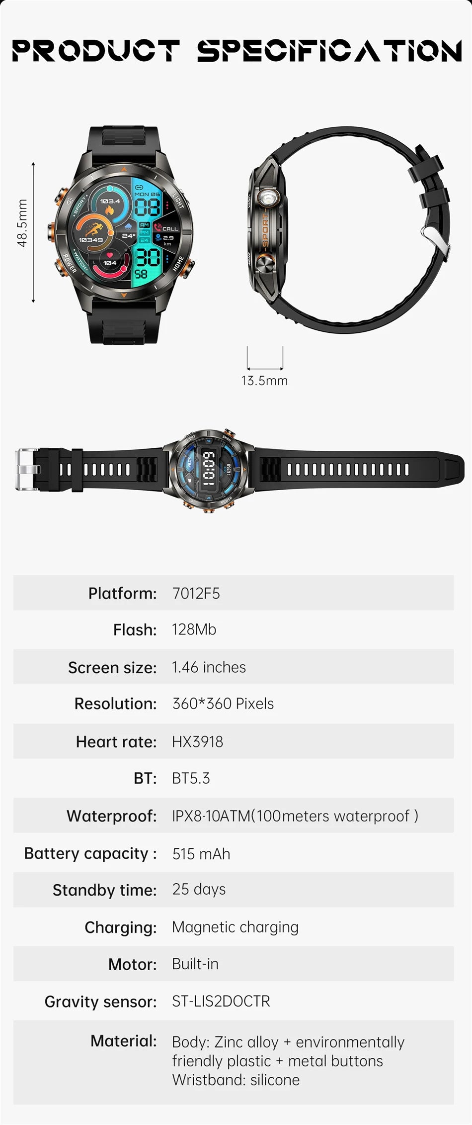 Military Smart Watch Men 10ATM Waterproof 1.46" AMOLED Screen LED Flashlight 515mAh Battery Heart Rate Sport BT Call Smartwatch