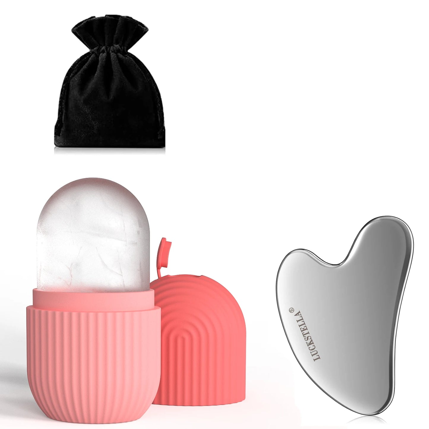 LUCKSTELLA 4Pcs Skin Care set Ice Face Roller &  Stainless Steel Gua Sha Board & Silicone Shower Brush Face Massage Roller