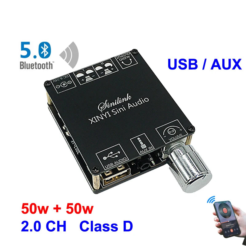 2*50W Bluetooth 5.0 Power Amplifier Class D Audio 10W~200W HiFi Stereo Wireless Music Player Mini USB Sound Card App Digital AMP