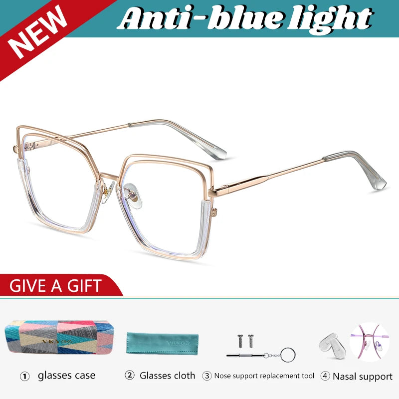 VICKY Fashion Geometric Square Large Frame Personalized Design Women's Anti-Blue Light Reading Glasses Customizable Prescription