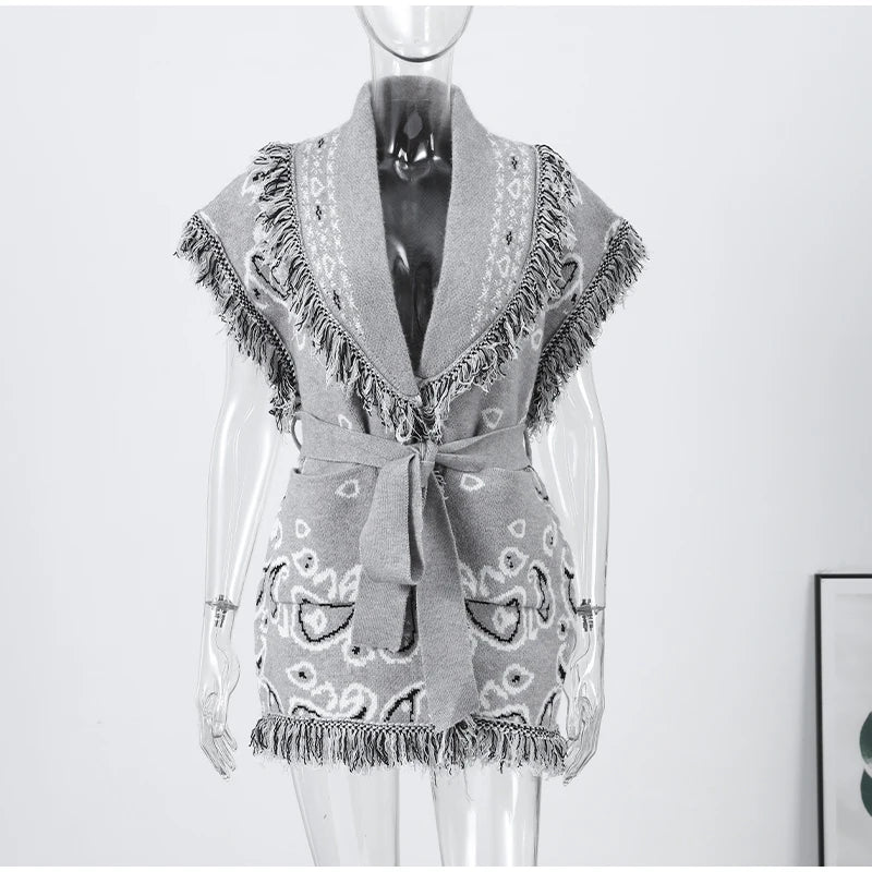 Women's Print Fringe Knitted Vest Coat Fashion Sleeveless Tie Waist Pocket Cardigan Sweater Lady 2025 Autumn Casual Outerwear