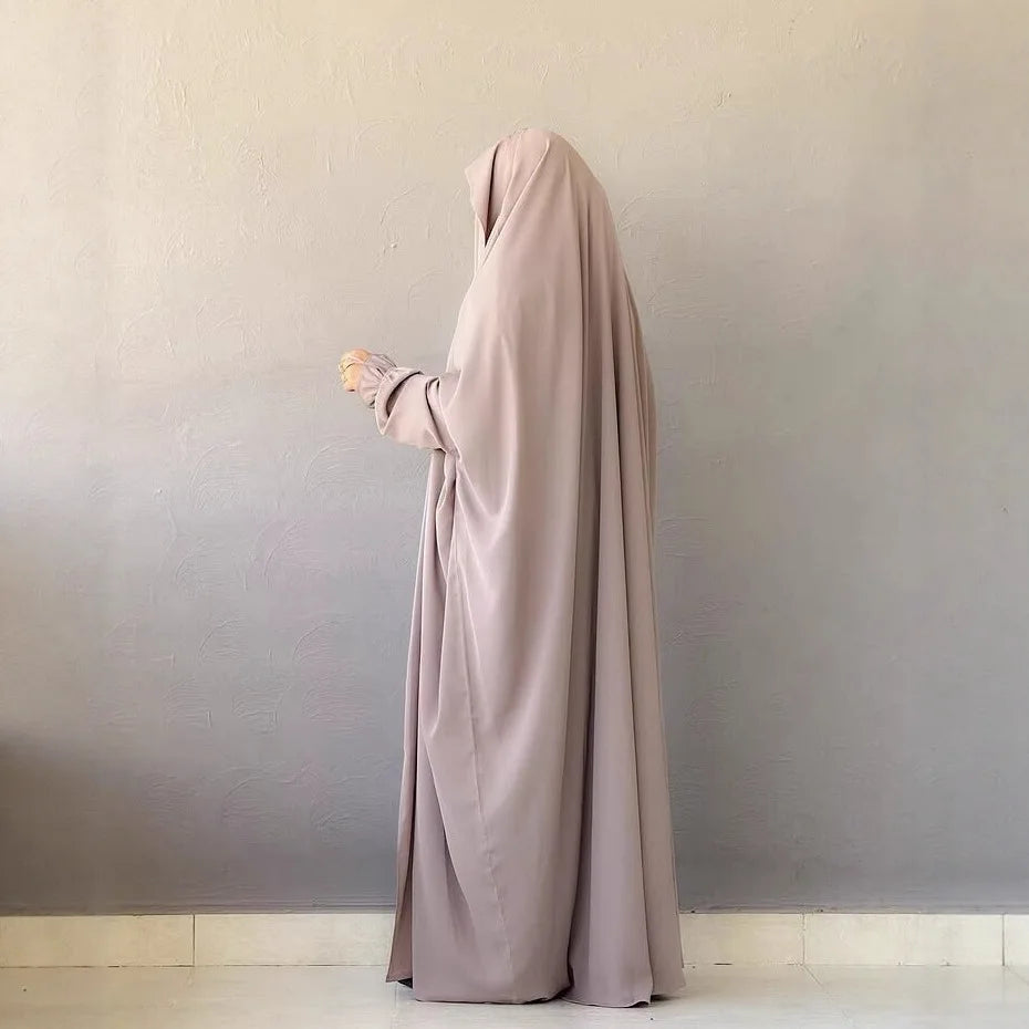 Muslim Abaya Hooded Smocking Sleeve One-piece Prayer Dress Women Jilbab Islamic Clothing Dubai Saudi Black Robe Turkish Modesty