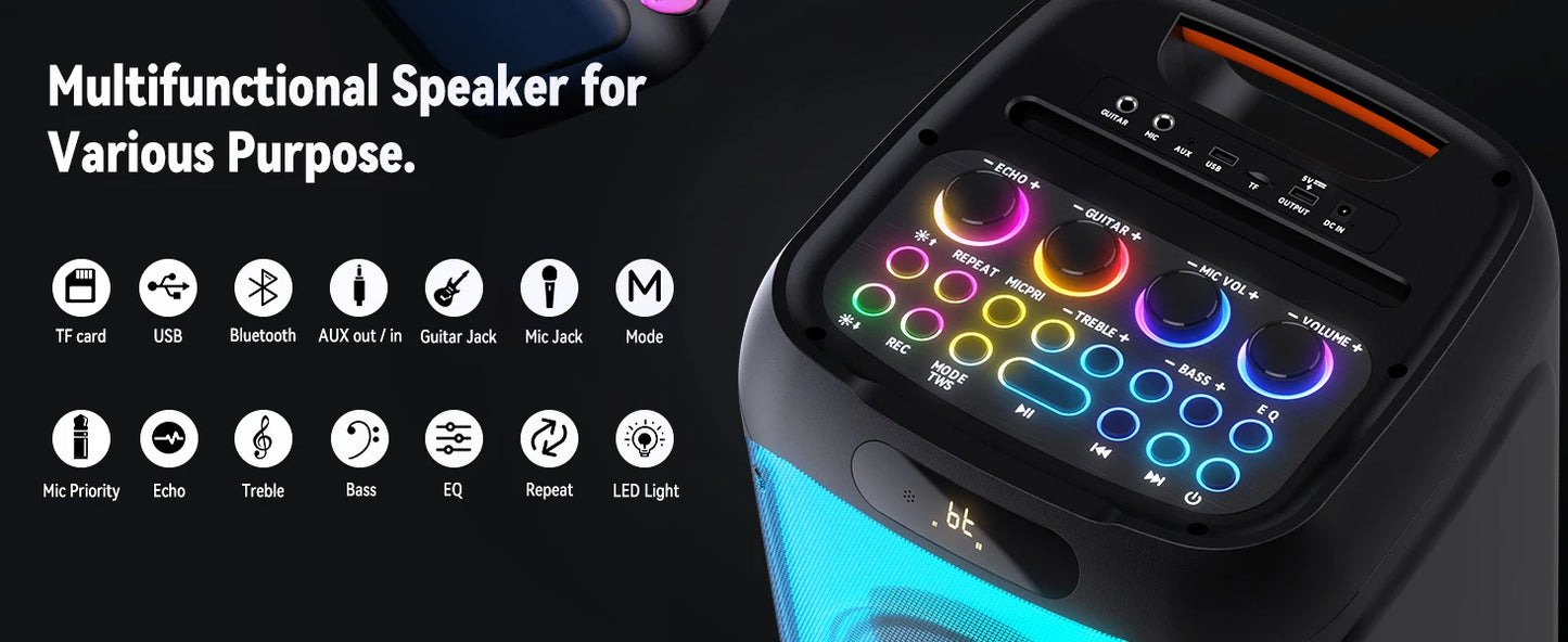Karaoke Machine for Adults, Big Party Speaker with 500W Peak Power, Wireless PA System with Dual 8" Subwoofers, Disco Lights