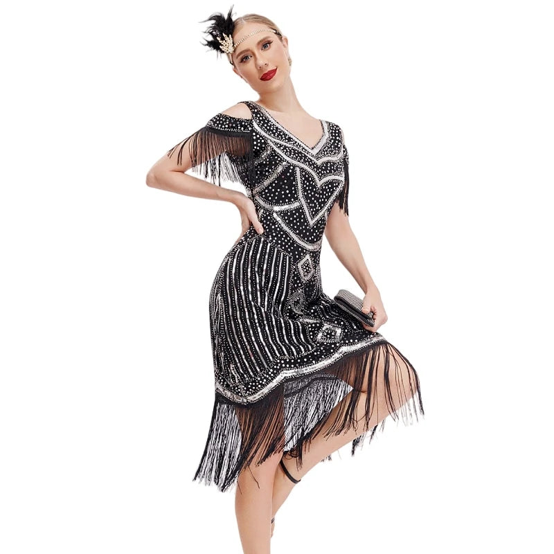 Women Fringe 1920s Flapper Dress 20s Gatsby Themed Party Dress Vintage V-neck Off Shoulder Sequin Beaded Cocktail Dress
