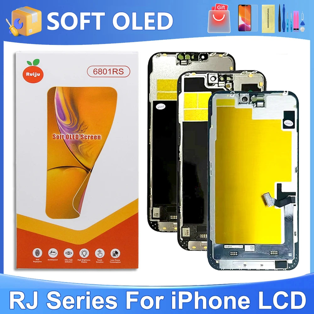 RJ Series SOFT OLED For iPhone 13 14 15 16 17 Pro Max Plus LCD Display Touch Screen Digitizer Assembly Replacement