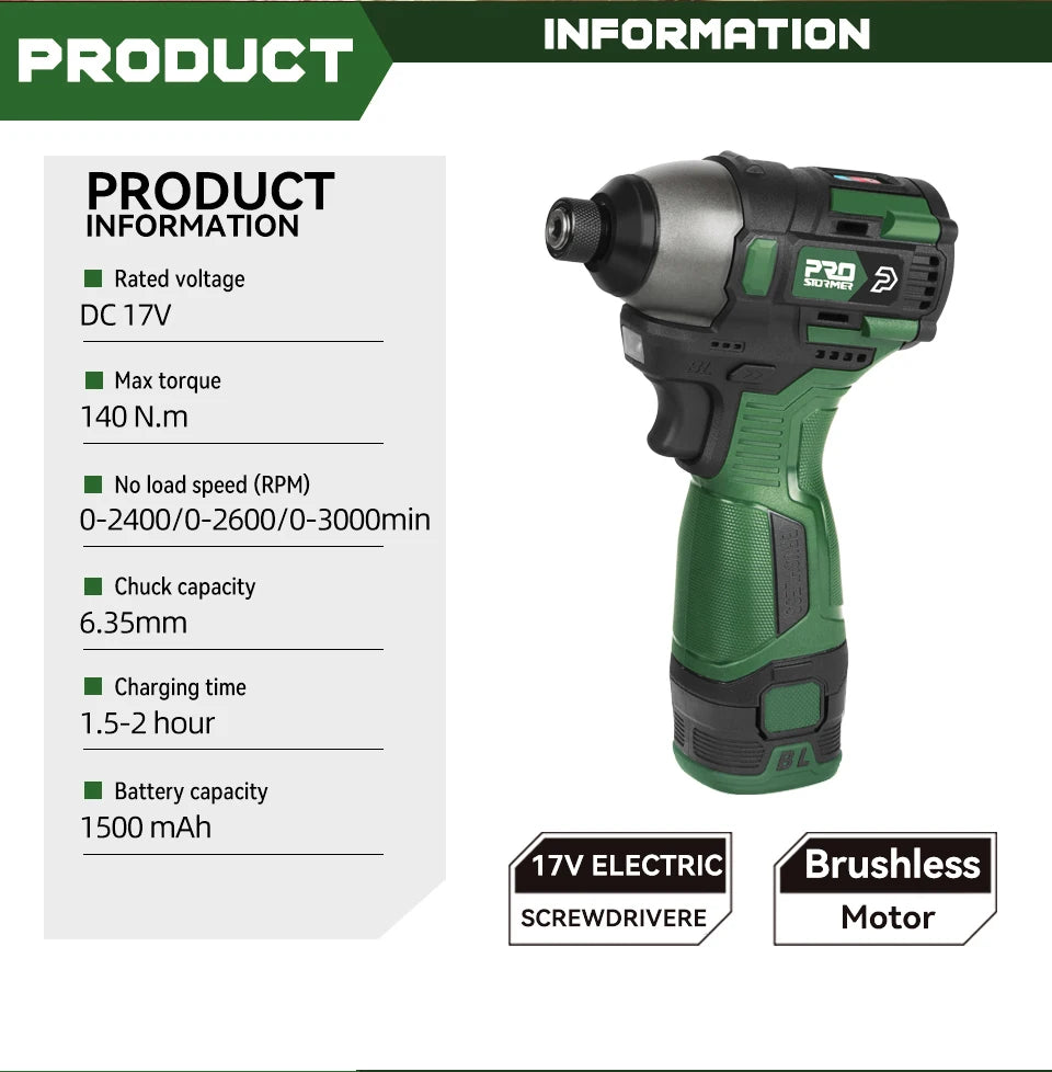 140NM Brushless Electric Screwdriver 17V Cordless Drill Screw 1500mAh Battery Rechargeable Hexagon Power Tools by PROSTORMER