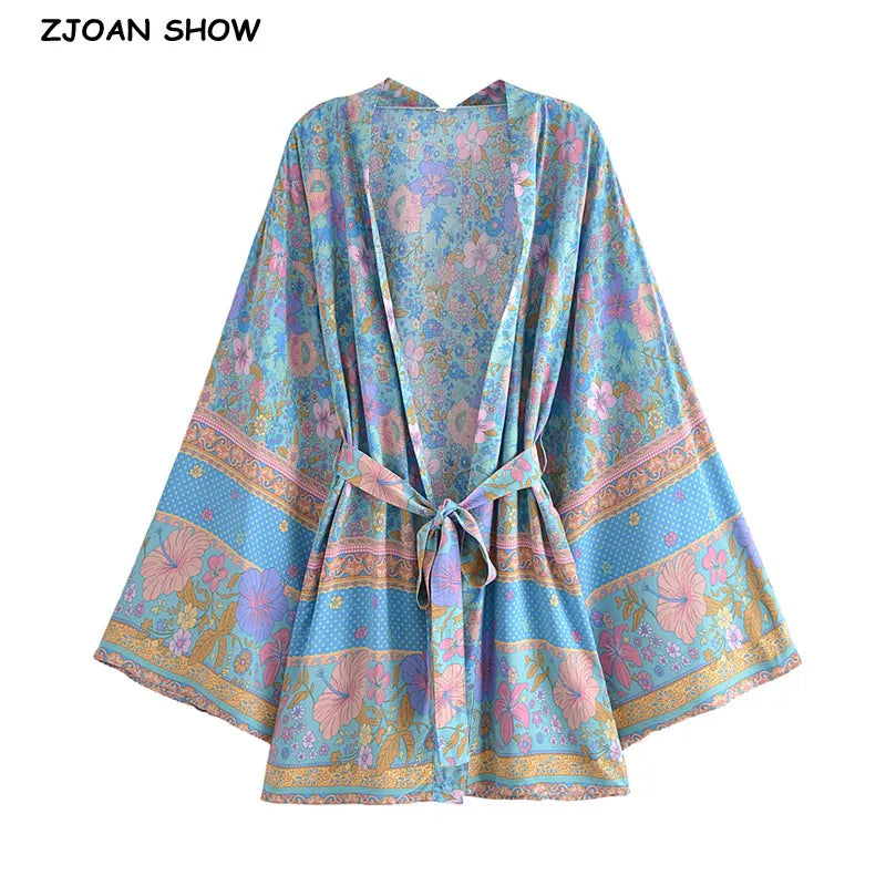 BOHO Women Blue With Pink Flower Print Kimono Shirt Holiday Tide Bow Sashes Mid Long Cardigan Summer Blouse Beach Cape
