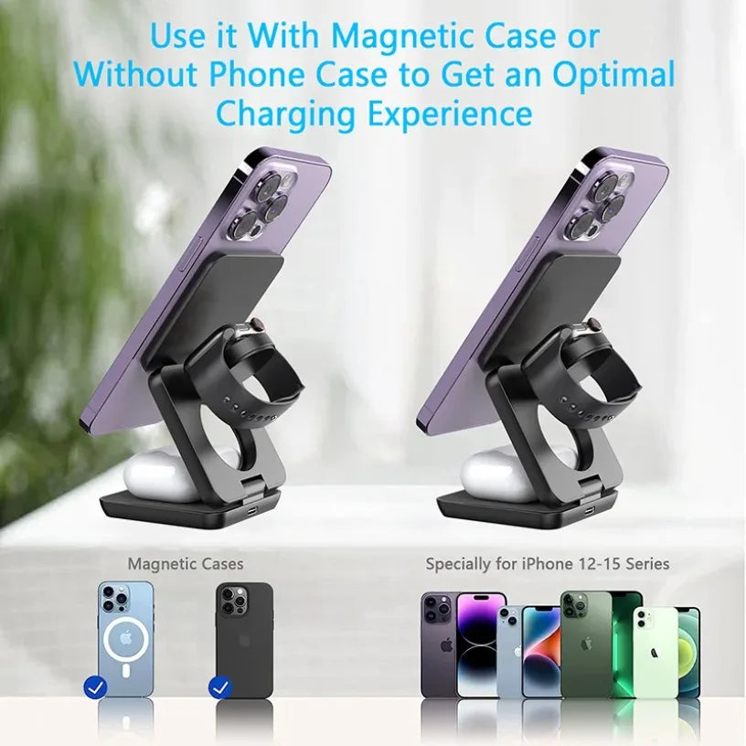 3 in 1 Foldable Magnetic Wireless Charger Stand for MagSafe Compatible iPhone 17 16 15 Apple Watch AirPods Pro 2 Strong Magnetic