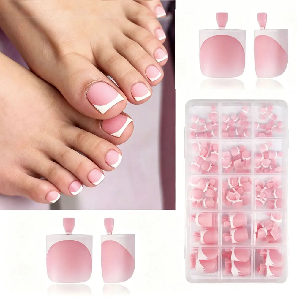 150pcs Light Pink Short Square Press On Toenails Matte White French Tip False Toenails Full Cover Toenail Extension Tips 15size%