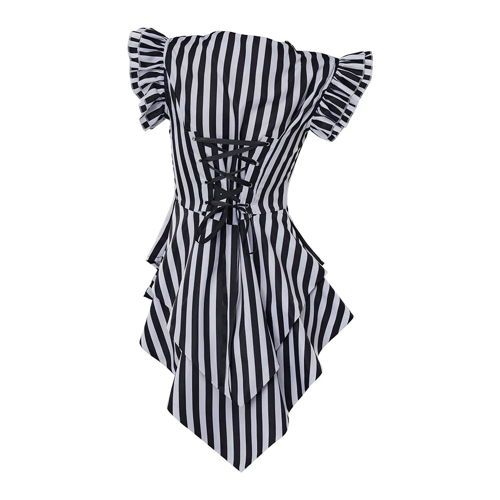 Halloween Costume Women Gothic Steampunk Coat Striped Lapel Collar Jacket Victorian Punk V Neck Flying Sleeve Jacket Tops Daily