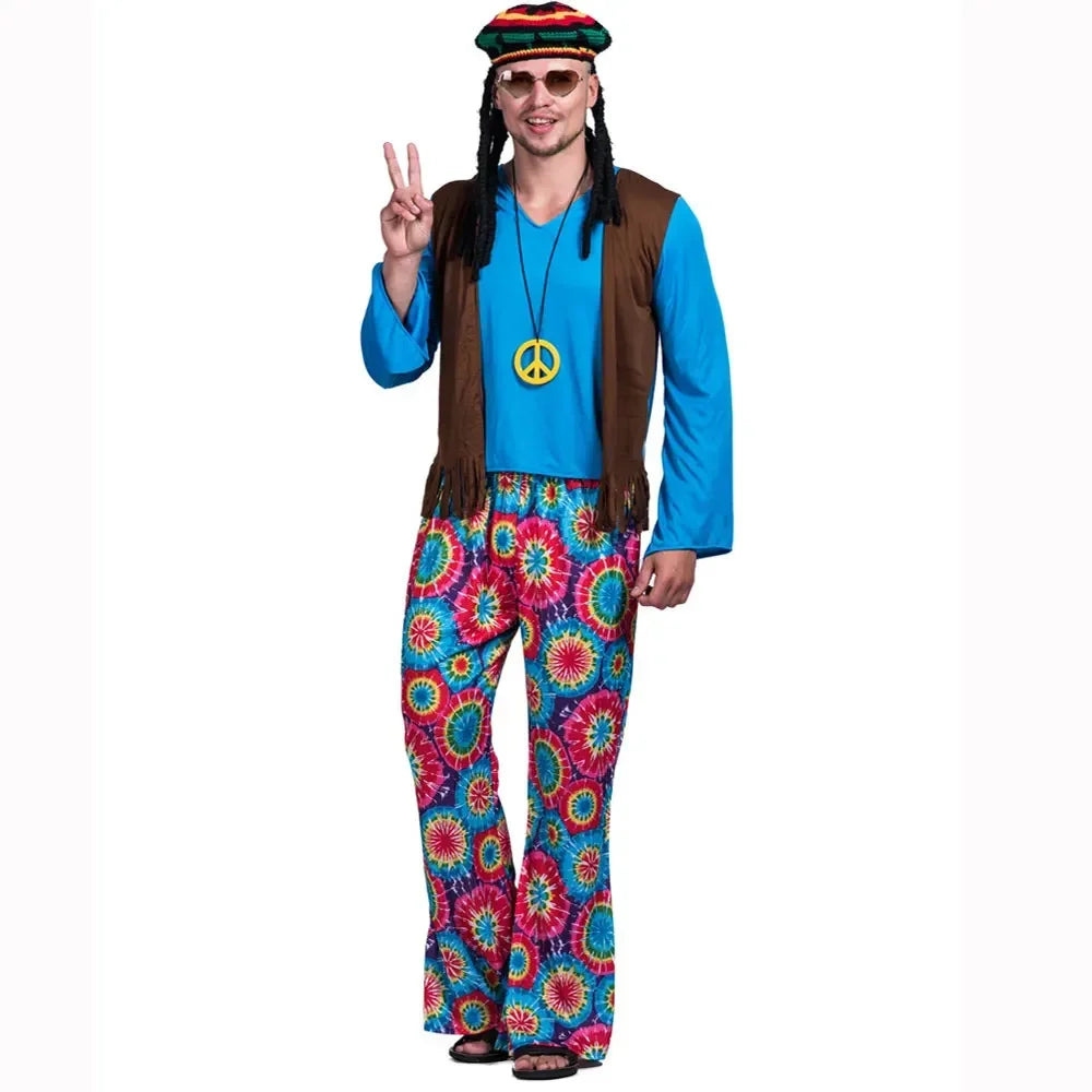 Halloween Costume d'Halloween pour Homme, Ensemble Pantalon, Chemise, Frange, Cadre en Verre, Collier, Chapeau Rasta, Dreadlocks