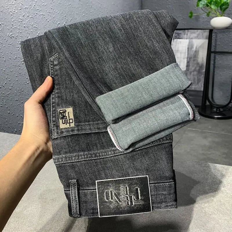 High Quality Fashion Luxury Washed Men's Slim Jeans Elasticity Black and Gray Classic Designer Cargo Denim Boyfriend Jeans Men