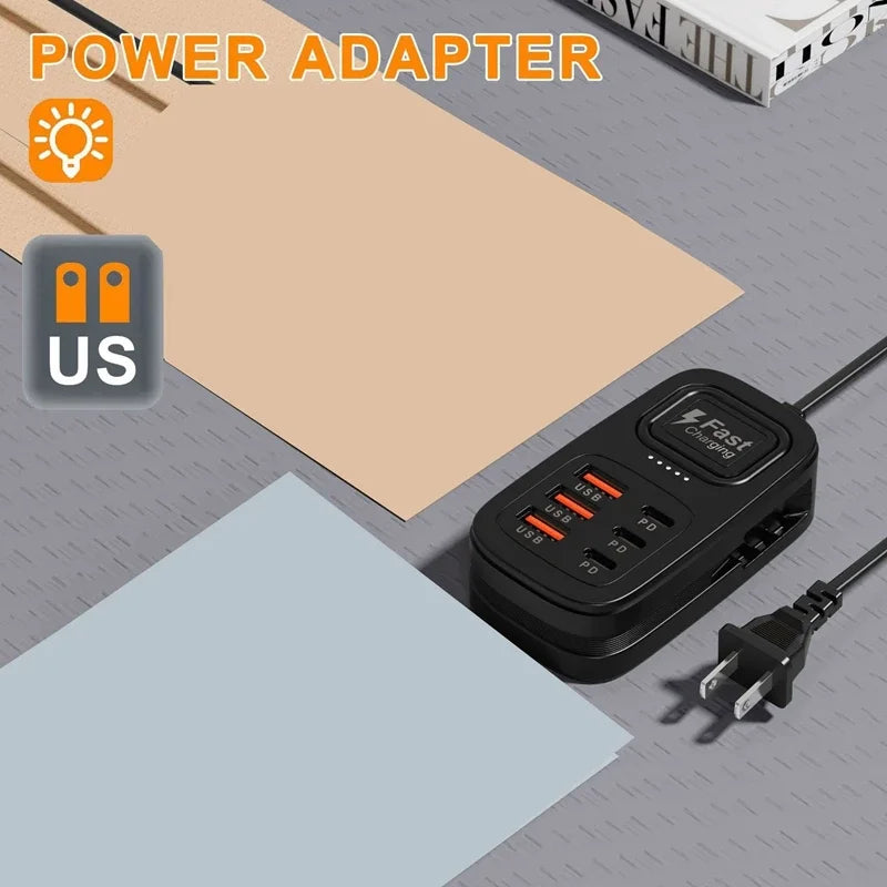New USB Charger 6-in-1 Power Strip Desktop Charging Station With Fast Charging Cord EU US Plug USB/C HUB Adapter Socket 3PD 3USB