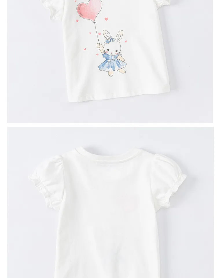 Dave Bella Baby Girl White T-shirts Cartoon Printed Girls Tees Children Tops Puff Sleeves Kids Clothes DB2221905