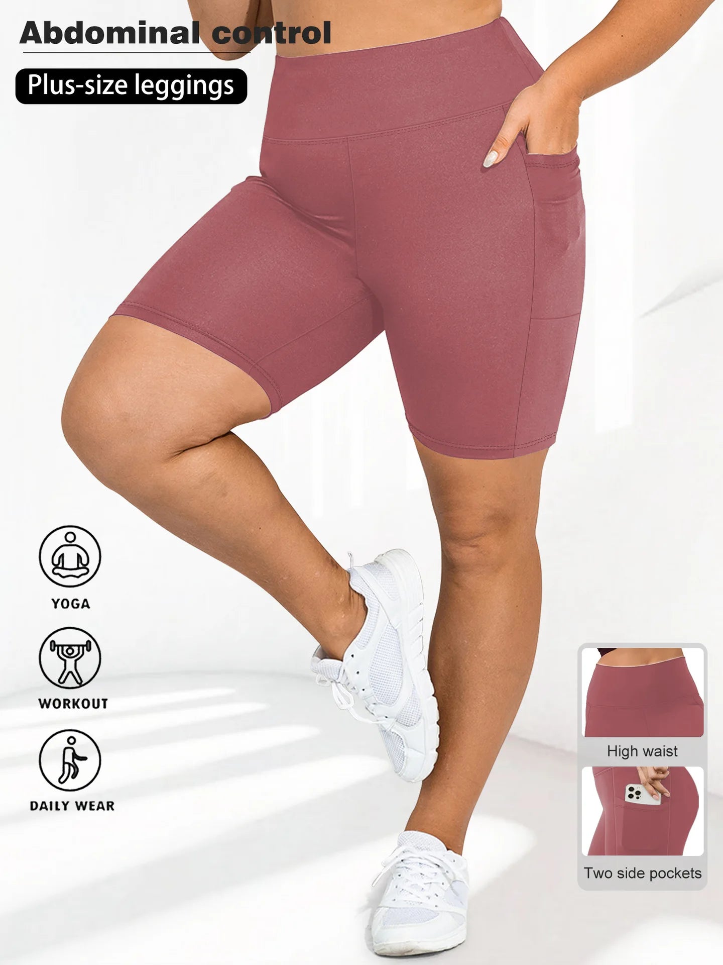 High Waist Plus Size Leggings Yoga Shorts for Women with Pockets, Non-See Through Shorts for Women