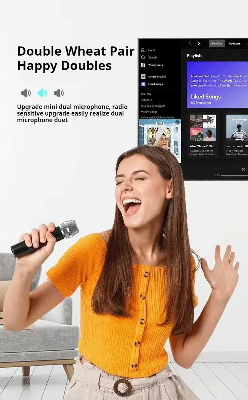 Karaoke Machine with 2 Wireless Microphones, Portable Bluetooth Speaker with Bass/Treble Adjustment, Supports TF Card/USB/AUX