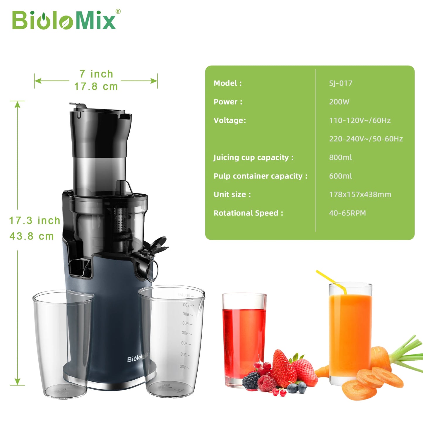 BioloMix Cold Press Juicer with 78mm Feed Chute, 200W 40-65RPM Powerful Motor Slow Masticating Juice Extractor Fits Whole Fruits