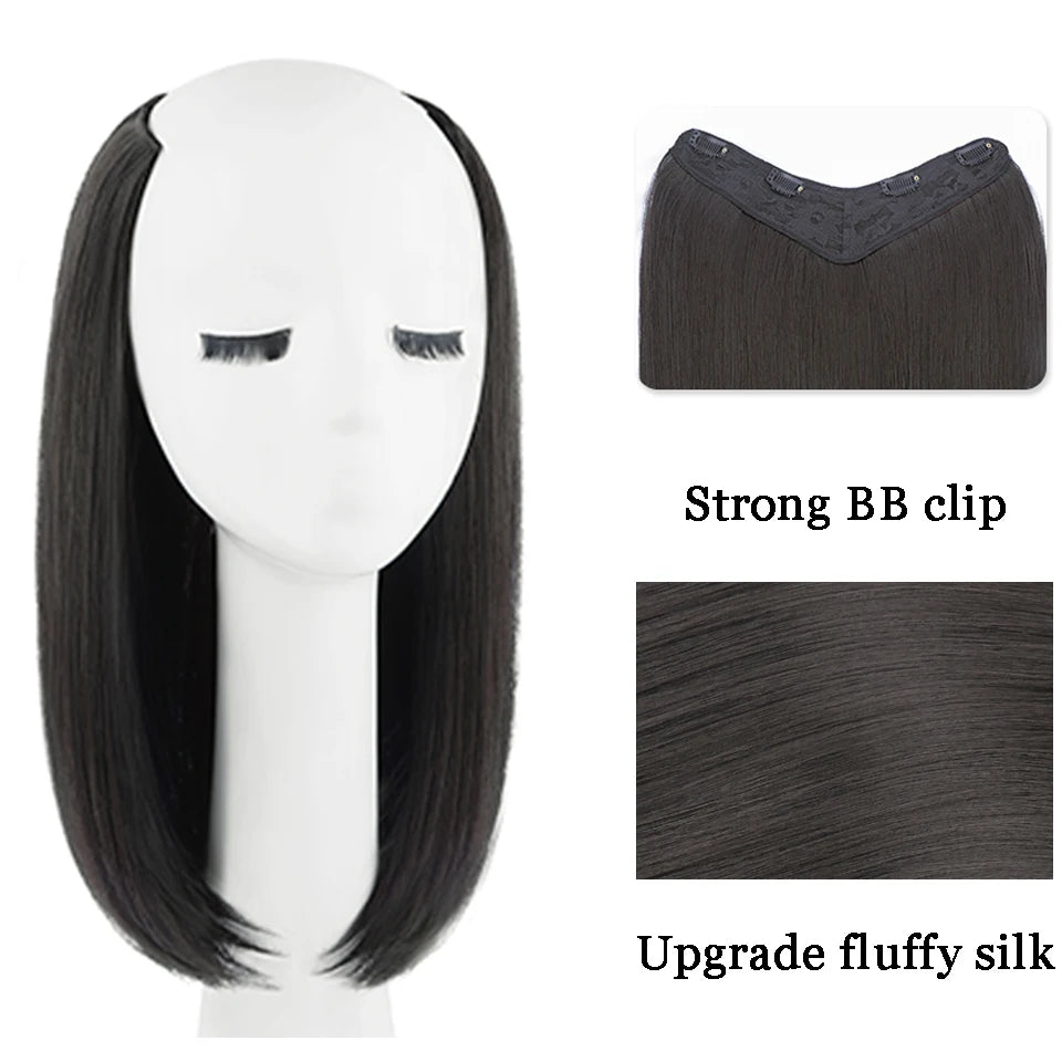 12Inch Synthetic V-shaped Layered 4 Clips Synthetic Long Straight Hair Extension Hairpiece Wig for Women