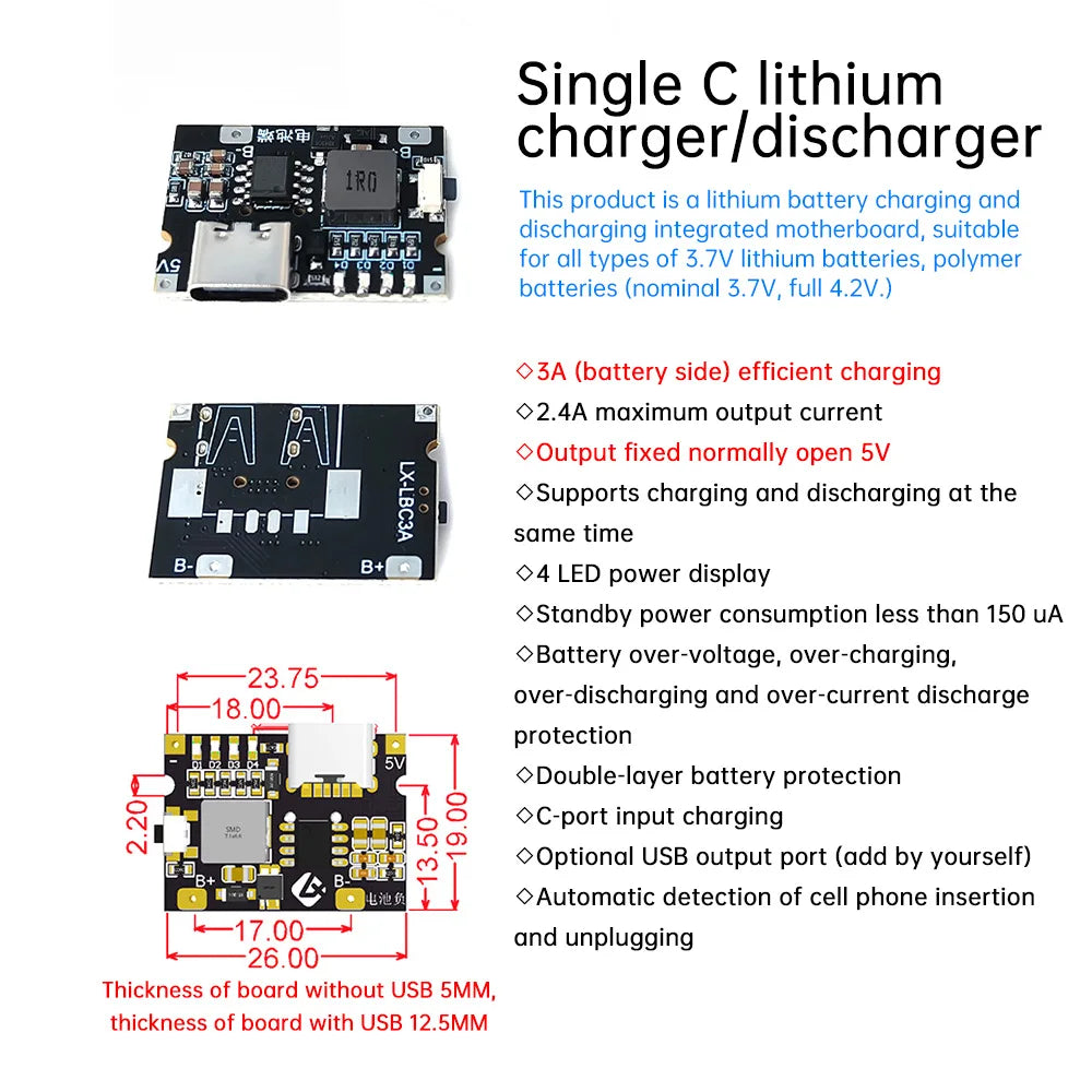 Type-C USB 5V 3A Boost Converter Step-Up Power Module Charge/Discharge Battery Protection Board With Switch LED Indicator