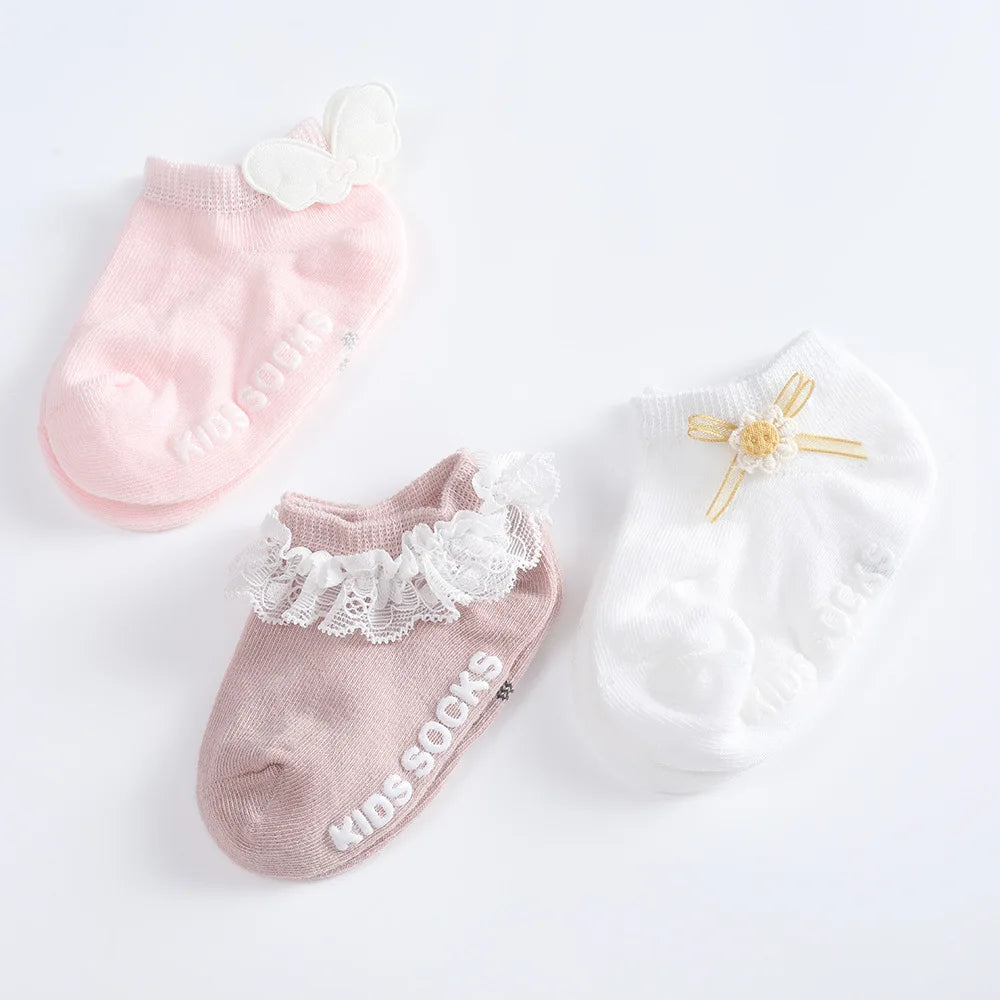 3pairs/set 0-5years Old Cotton Newborn Infant Toddler Socks Baby Cartoon Princess Socks Cute Cartoon Rubber Anti-slip Floor Sock