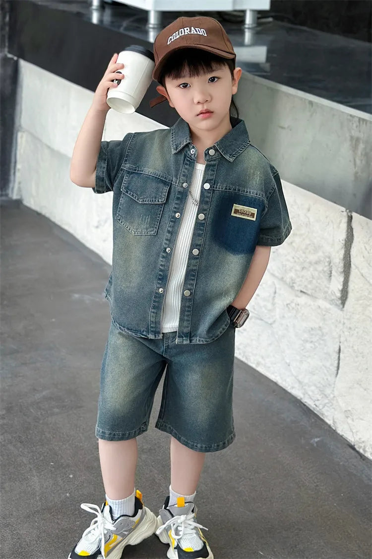 2025 Trendy Boys' Denim Set Vintage Wash Short Sleeve Shirt & Shorts 2-Piece Summer Outfit