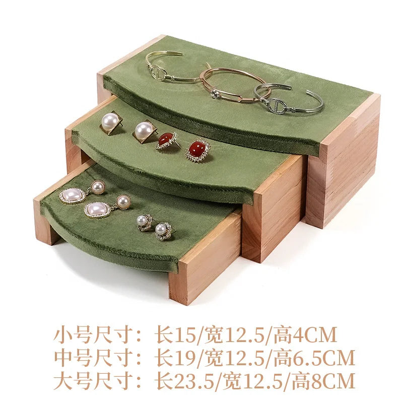 Solid wood green velvet jewelry display stand ring stud necklace pendant bracelet storage and display stand
