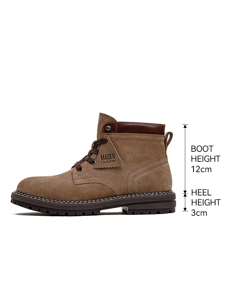 Maden Autumn and Winter Mid-top Work Boots for Men Round-toed Flat-heeled Boots Retro Outdoor Shoes Wear-resistant Rubber Sole