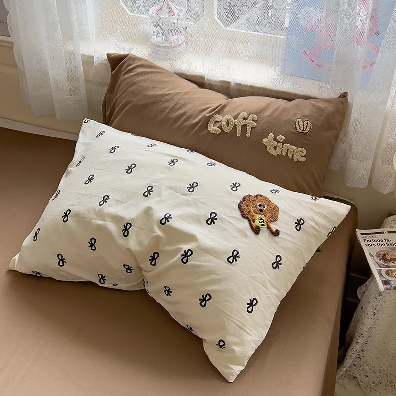 Cartoon Animal Embroidery Bedding Set For Adults Kids Cute Flat Fitted Sheet With Pillowcases Washed Cotton Colorful Full Size