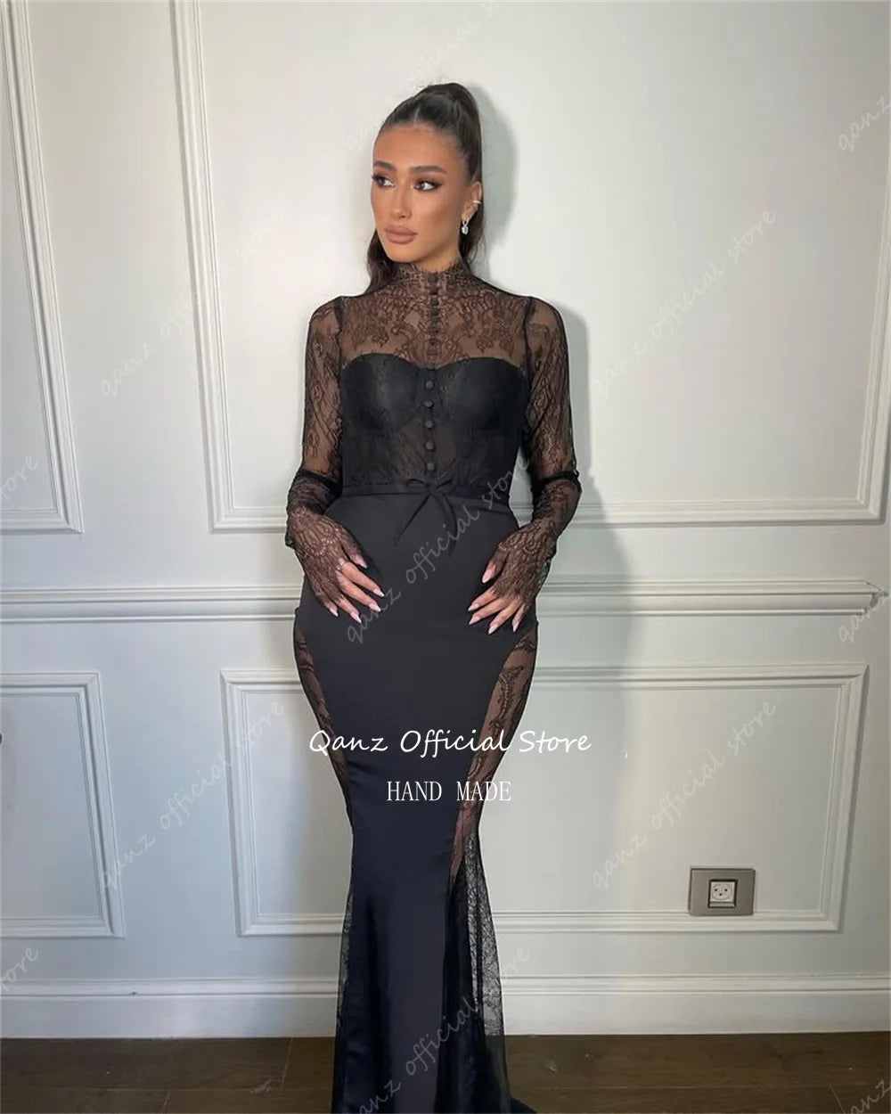 Qanz Modern Black Illusion Prom Dresses Lace Long Sleeves Mermaid Evening Dress Bottons Women Special Party Gown Customized