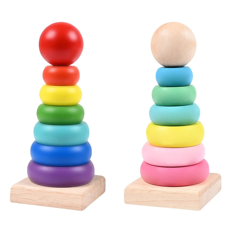 Rainbow Stacking Ring Tower Montessori Wooden Puzzle Toys Pyramid Nesting Blocks Geometric Games Children Early Education Toys
