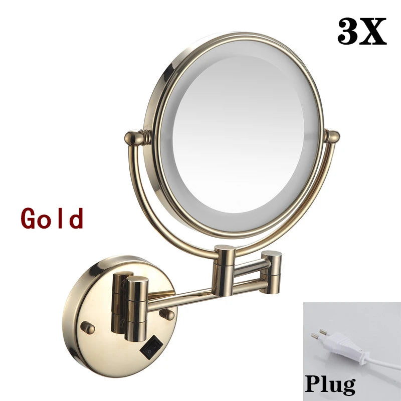 Brushed Gold LED Makeup Mirror with Brass Folding Bathroom Mirrors of 8 Inch 3X 5X Maynifying Makeup Mirror Dual Face LED Mirror