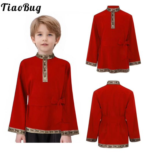 Teen Boys Girls Traditional Russian Folk Costume Halloween Medieval Renaissance Cosplay Fancy Vintage Pattern Shirts with Belt